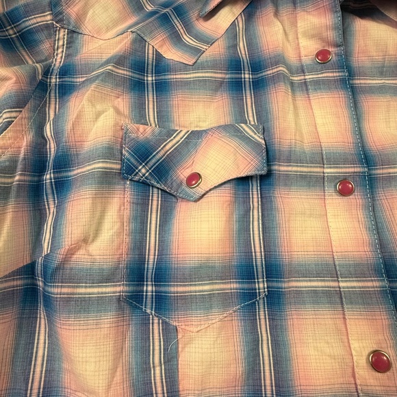 Wrangler Western Blue Plaid Pearl Button Breast Cancer Awareness Shirt Sz L - Picture 11 of 12